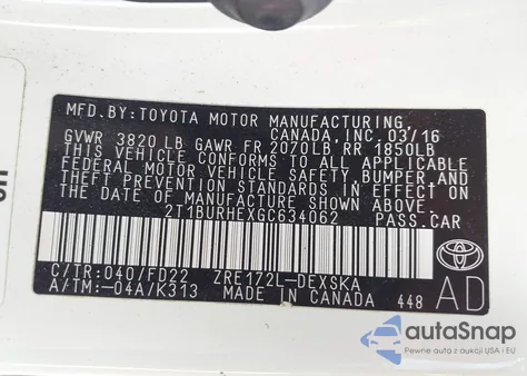 2016 Toyota Corolla S Plus z USA, uszkodzony, nr VIN 2T1BURHEXGC634062